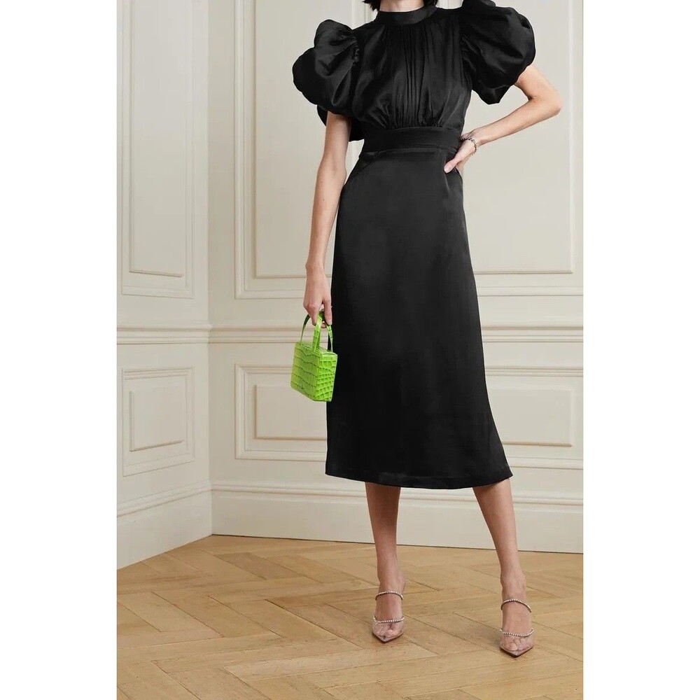 Rotate Birger Christensen Sz US 2 Black Dawn Dress Open Back Satin Midi